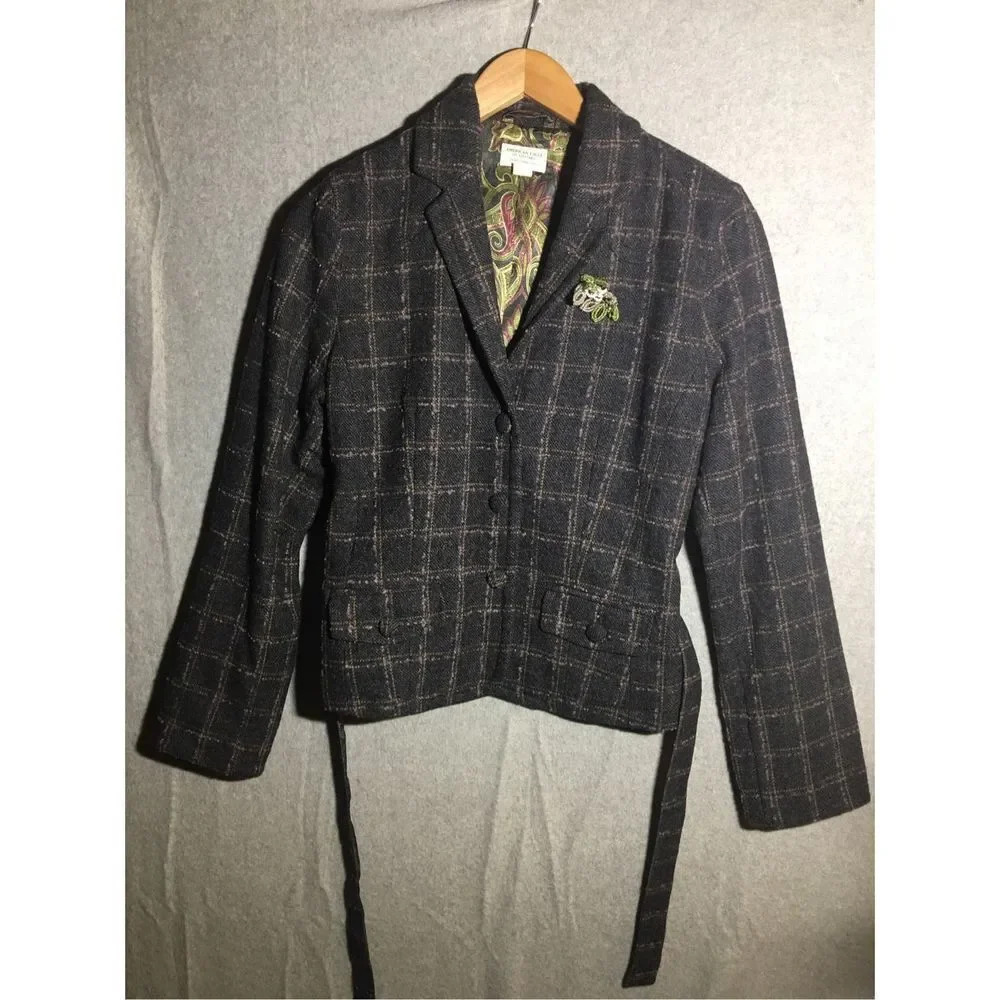 Womens American Eagle Blazer Tweed Plaid Vintage Flattering Office Career Work